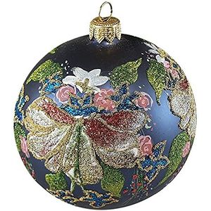 Silverado Christmas ornament made of glass, 10 cm ball, Royal embroidery motif on dark blue ball
