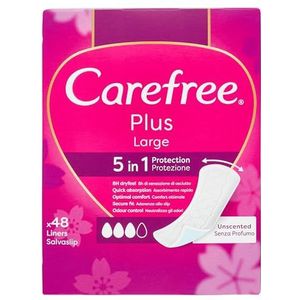 Carefree Inlegkruisjes Plus Large zonder parfum, extra brede damesslip met 5-in-1 bescherming voor 8 uur droog gevoel, ultradunne inlegkruisjes zonder geur voor dagelijks gebruik, 48 inlegkruisjes
