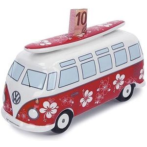 BRISA VW Collection - Volkswagen Spaarbus-varkentje met surfplank in T1 Bulli bus Samba Design (Flower Power/rood)