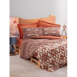 Nuit Des Rêves Ranforce Single XXL Quilt Cover Set, 155 x 220 cm, 100% katoen, bruin/oranje/wit, machinewasbaar, knoopsluiting, elegante pigmentdruk