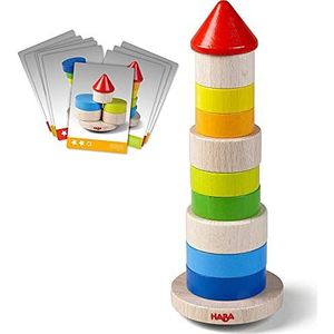 HABA 305403 Stapelspel, wiebeltoren, stapel- en motoriekspel van hout met basisplaat en kleurrijke stapelstenen, voor vrij spelen of spelen volgens de instructies, houten speelgoed vanaf 2 jaar