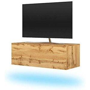 Selsey Skylara – TV lowboard hangend in houtlook Wotan eiken met LED-verlichting in blauw, 100 cm