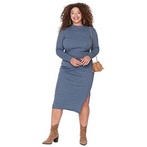 TRENDYOL Dames grote maten Midi Bodycon Slim Fit gebreide plus-size jurk, blauw, 4XL
