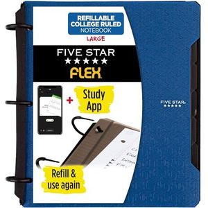 Five Star Flex navulbaar notitieboek + studie-app, college gelinieerd papier, 1 inch TechLock ringen, zakken, tabbladen en verdelers, capaciteit 200 vel, blauw (29328AD2)