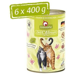 GranataPet DeliCatessen fazant & konijn, natte kattenvoer, voedsel voor katten zonder granen en zonder toegevoegde suikers, lekker en gezond voer voor gourmets, 6 x 400 g blikken