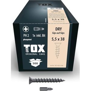 TOX Gips-op-gipsschroeven DRY G 5,5 x 38 mm, schroeven zwart gefosfateerd met trompetkop + grove schroefdraad, veilige verbinding van 2 gipsplaten, PH2, 500 stuks, incl. 1x bit, 142743215538