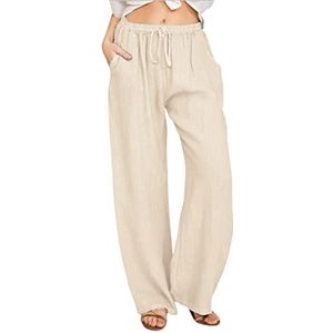 CHARTOU Women's Summer Drawstring Waist Wide Leg Loose Cotton Linen Palazzo Pants (Small, Khaki)