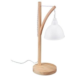 Relaxdays tafellamp met hangende lampenkap, hout en metaal, HBD:52x18x26 cm, industrieel design, modern, in het wit