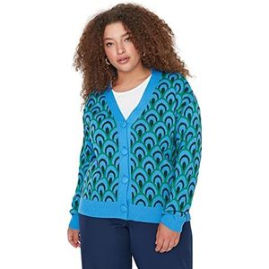 Trendyol Dames V-hals Jacquard Regular Plus Size Cardigan Sweater, Groen, 2XL, Groen, XXL