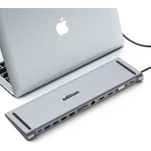 oditton USB C-hub, 13-in-1 hub, laptop dockingstation internet/2 poorten, 5 Gbps, USB 3.0/USB C-5 Gbps/2 x 4K HDMI/VGA/2 USB 2.0/100W PD compatibele USB C-laptop/TF/SD-kaart, 3,5 mm voor, Mac OS