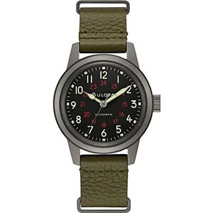 Bulova Archief Serie: Militair - 98A255, Groen, Eén maat, Militaire automatische grijze roestvrijstalen lederen band