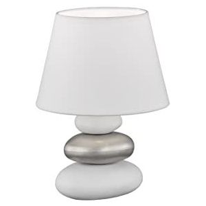 Fischer & Honsel Tafellamp Pibe, decoratieve tafellamp met keramische sokkel in steen-look, 1xE14, keramiek in wit, zilverkleuren & stoffen kap in wit, hoogte: 17cm