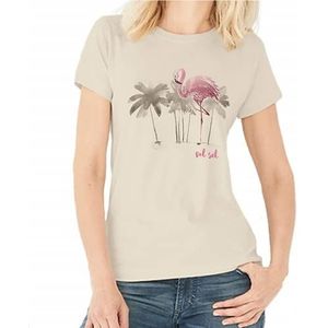 Del Sol Dames Boyfriend Tee - Aquarel Flamingo, natuurlijk T-shirt - Veranderingen van roze & zwart in levendige kleuren in de zon - 100% gekamd, ringgesponnen katoen, fijne jersey - maat L