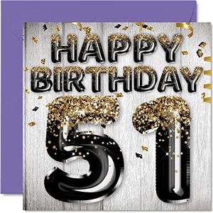 51e verjaardagskaart voor mannen - zwarte en gouden glitterballonnen - gelukkige verjaardagskaarten voor 51-jarige man, vader, opa, opa, oma, oom, 145 mm x 145 mm, eenenvijftigste vijftigste