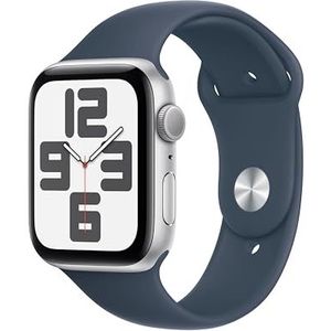 Apple Watch SE (2e generatie, 2023) (GPS 44 mm) Smartwatch - Kast van zilverkleurig aluminium - Stormblauw sportbandje M/L. Conditie en slaap bijhouden, ongelukdetectie, hartritme monitoren