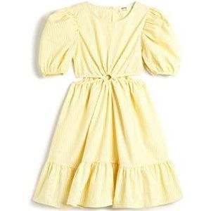 Koton Meisjesjurk met uitgesneden details, pofmouwen, ronde kraag, ruches, jurk, Yellow Stripe (1s6), 7-8 jaar