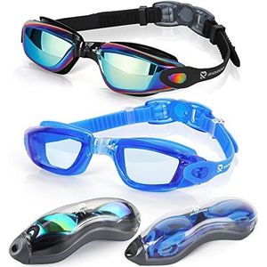 RIORIO Zwembril voor volwassenen, 2 stuks, zwembril, uv-bescherming, anti-condens, met brede glazen, siliconen afdichtingen, zwembadbril voor mannen, vrouwen