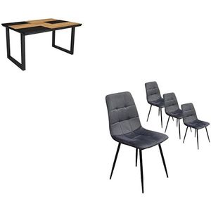 Skraut Home - Woonkamerset, eettafel, 140, eiken en zwart, industriële stijl, vaste tafel, set van 4 eetkamerstoelen, gevoerde stoel