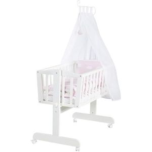 roba Babywieg 40 x 90 cm Kleine Wolk van hout - Wieg & Wiegje - Compleet bedset met vergrendelfunctie - Wolkendecor in Roze - Inclusief textielinrichting - Hout wit