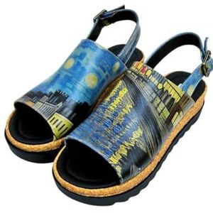 DOGO Dames veganistisch leer blauwe sleehak sandalen - Sea Sparkles patroon, Meerkleurig, 38 EU