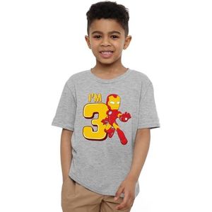 mandarin creative ltd Jongens Iron Man Cute Birthday 3 Uni Kids T-shirt, Athletic Heather, 7-8 jaar, Athletic Heather, 7-8 Jaar