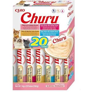 INABA Churu Puree Multipack - Kattenlekkernij. Totaal 20 tuben: 5 x tonijn met jakobsschelpen, 5 x tonijn met zalm, 5 x tonijn met krabsmaak en 5 x tonijn met garnalensmaak