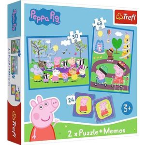 Trefl - Peppa Pig, Gelukkige tijden met Peppa Pig - 3 in 1: 2x Puzzels + Geheugenspel, 30 en 48 stukjes, Verschillende Moeilijkheidsgraden, 24 Memo's, voor Kinderen vanaf 3 jaar