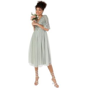 Maya Deluxe Dames Taupe Blush Short Flutter Sleeve Embellished Midi Bridesmaid Jurk, Green Lily., 42