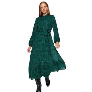 Trendyol Dames Dunkelgrün Gemustertes Kleid Aus Chiffon Mit Schärpe Und Detailliertem Futter Casual Jurk, Donkergroen, 38
