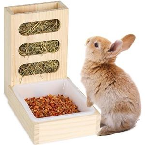 Relaxdays konijnen hooiruif, met voerbak, staande voerruif voor cavia's, hout, voerdispenser, uitneembare eetbak, natuur