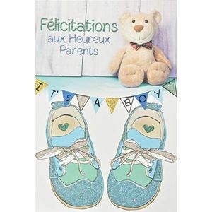 Wenskaart voor geluk, ouders, met pailletten, voor jongens, schoenen, blauwe harten, teddybeer, wimpelketting, gemaakt in Frankrijk