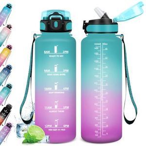 KollyKolla Drinkfles, sport met rietje, grote waterfles, lekvrij, BPA-vrij, drinkfles met tijdmarkeringen, voor volwassenen, kantoor, fitness