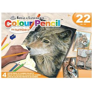 Royal & Langnickel - Schilderen op nummer met kleurpotloden, wilde dieren, set van 4, bevat tekenpotloden en puntenslijper, voor volwassenen en kinderen vanaf 8 jaar