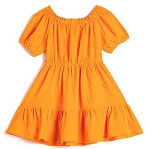 Koton Meisjesjurk met pofmouwen, off-shoulder, midi-jurk, oranje (200), 7-8 jaar