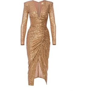 Swing Fashion Midijurk voor dames, elegante jurk, feestelijke jurk, avondjurk, bruiloftsjurk, baljurk, lange mouwen, jurk met pailletten, goud, maat 40 (L), goud, 40
