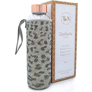 T&N Glazen fles 550 ml, drinkfles van glas met neopreen hoes, lekvrij, glazen drinkfles van dik borosilicaatglas, geschikt voor koolzuur, glazen karaf