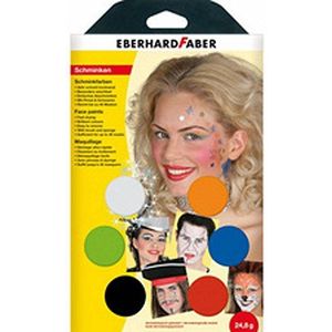 Eberhard Faber 579006 - Make-upverf, set van 6 stuks, muziek, oranje, rood, blauw, groen, zilver en zwart, met kwast, spons en make-upgeleiding, sneldrogend, voor het beschilderen van gezichten