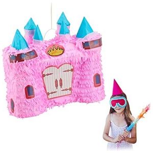 Relaxdays pinata kasteel, sprookjesachtige kinderpinata om zelf te vullen, verjaardag meisjes, kastelen piñata, roze