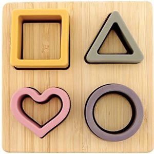 Nûby – Siliconen en houten vormenpuzzel – Vormenpuzzel met geometrische vormen, educatief speelgoed voor baby’s en peuters – Meerkleurig – 6m+