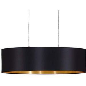 EGLO hanglamp MASERLO, 2 lichtbronnen textiel pendelarmatuur, ovalen hanglamp van staal en stof, kleur: nikkel mat, zwart, goud, fitting: E27, L: 78 cm
