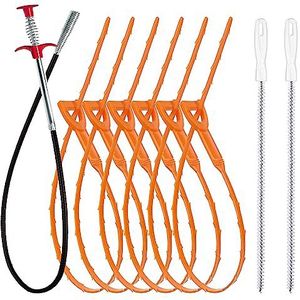 Afvoerverstoppingsverwijderaar (1 stuks), 63,5 cm afvoerslang haarverwijderaar (6 stuks) & reinigingsborstel (2 stuks), haarvanger afvoervijzel reiniger gereedschapsset voor toilet, gootsteen,