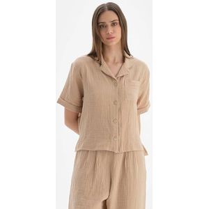 Dagi Beige Fashion Knitted Short Sleeve Shirt Collar Shirt, Beige, 40, beige, 40