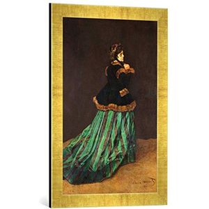 Ingelijste foto van Claude Monet ""Camille, or The Woman in the Green Dress, 1866"", kunstdruk in hoogwaardige handgemaakte fotolijst, 40x60 cm, Gold Raya
