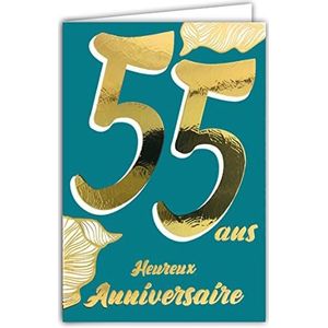 Afie 69-2455 wenskaart voor 55e verjaardag goud glanzend gestructureerd voor heren, kleurtekst, voor binnen, met enveloppen, gemaakt in Frankrijk, ColorAges