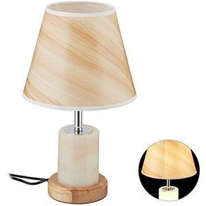 Relaxdays Tafellamp, met dubbel licht, E27, 12 LEDs, marmer en houtlook, nachtkastje, woonkamer, h x d 42 x 25 cm, bruin