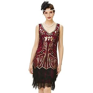 BABEYOND Flapperjurk voor dames, jaren 20, met parels, franjes, Great Gatsby-jurk, goud en wijnrood, XS
