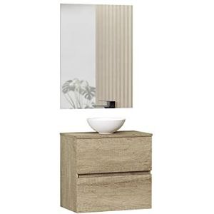 Baikal Ness Badkamermeubelset, speciaal voor kleine badkamers, 36 cm, met keramische wastafel, 2 laden met spiegel, 60 cm natuur