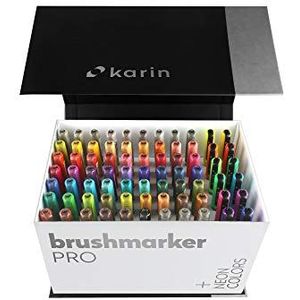 KARIN Mega Box Plus 27C13 Penseelstiften, 72 kleuren + 3 blenders, penseelstiften op waterbasis, geschikt voor schilderen, tekenen en handlettering, meerkleurig, neonkleuren