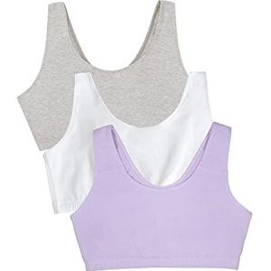Fruit of the Loom Dames opgebouwde tank stijl sport beha, ondoorzichtig, lila fluister/wit/grijs heide, 50 (Pack van 3), Lila Whisper/Wit/Grijs Heather, 115