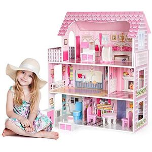 SEGMART YMPK-W123143074-DollHouse Roze poppenhuis speelset van hout met meubels en accessoires, droomhuis speelset, 3+,Smal,Roze